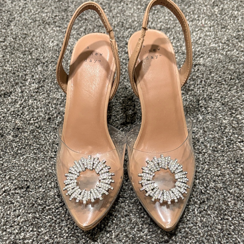 Tan and Clear Slingback Heels with Crystal Detail